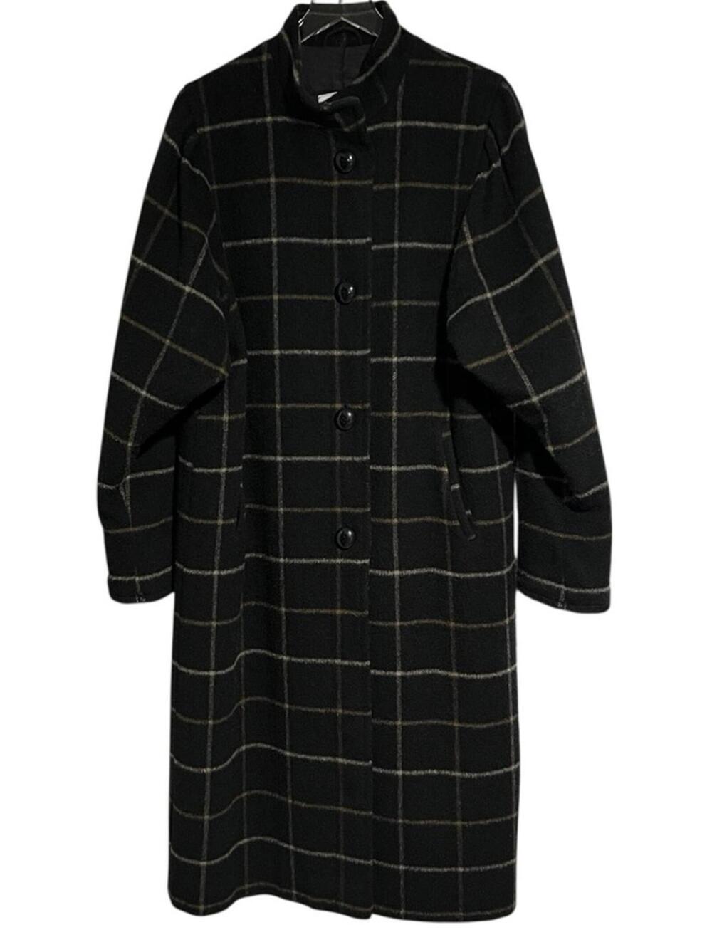 Black Wool Overcoat Winter Coat Long Full Length Tan Cream Check Line Low Collar